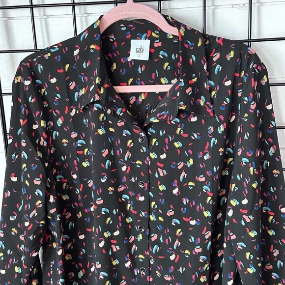 CAbi‎ Ferris Button Down Blouse Womens L Black Multi Color Rainbow - Picture 4 of 10
